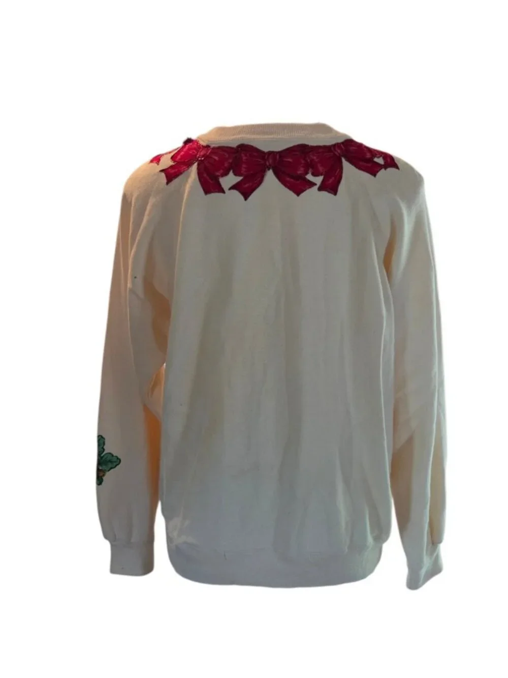 Vintage Holiday Sweatshirt Size Large White Fleece Crewneck Bows Poinsettia USA